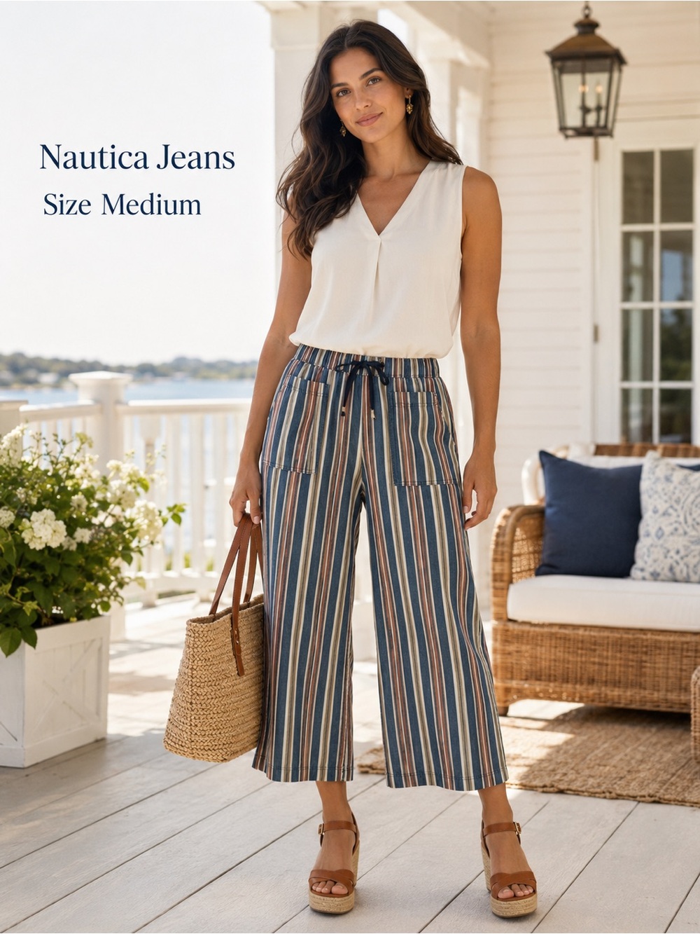 Nautica Jeans Striped Wide Leg Cropped Pull On Pants Medium